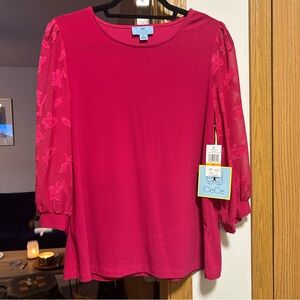 CeCe Women's Fuchsia Blouse with Sheer Floral Sleeves